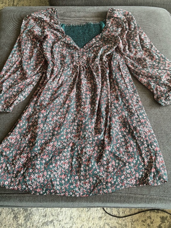 Dresses & Skirts - Women’s Floral Smocked Babydoll Dress Green Pink Long Sleeve - S, M & Large